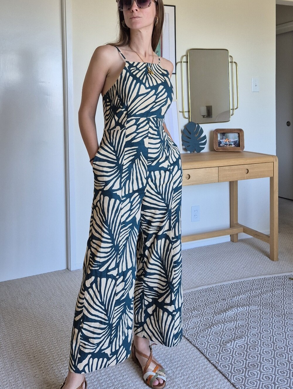 BNWT Banana Republic Linen Blend Wide Leg Palm Leaf Print Teal Jumpsuit